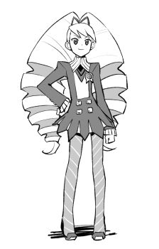 1girl bad_id bad_twitter_id bow dress drill_hair greyscale hair_bow hand_on_own_hip highres long_hair luna_platz_(mega_man) mega_man_(series) mega_man_star_force_(series) monochrome okkuu_(oexistcm) pantyhose simple_background smile striped_clothes striped_pantyhose twin_drills very_long_hair white_background