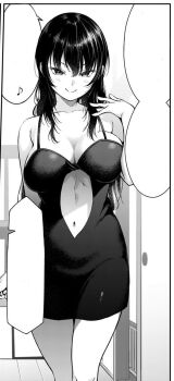 1girl anatatachi_soredemo_sensei_desu_ka! bare_shoulders black_hair blush breasts cleavage clothing_cutout indoors ishizaka_ryuudai kanade_orizuru looking_at_viewer monochrome navel_cutout seductive_gaze seductive_smile bad_tag smile smiley_face teacher