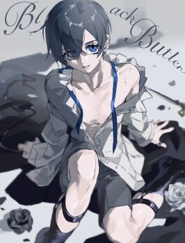 Rule 34 | 1boy, blaaaaaberry, black hair, black robe, black shorts, black socks, blue eyes, blue ribbon, braid, ciel phantomhive, collared shirt, commentary request, copyright name, crossed bangs, earrings, eyepatch, hair between eyes, heterochromia, highres, jewelry, kuroshitsuji, looking at viewer, male focus, open clothes, open shirt, parted lips, purple eyes, ribbon, robe, shirt, shorts, single braid, sitting, socks, solo, unworn eyepatch, white shirt