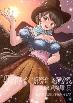 1girl 2026 bandana bandana_around_neck blue_bandana breasts brown_hat brown_wings cleavage commentary_request cowboy_hat feathered_wings happy_new_year hat highres kurokoma_saki kyabekko looking_at_viewer new_year open_mouth red_eyes smile solo sun touhou translation_request wings