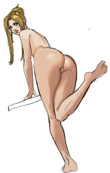 1girl ass blonde_hair blue_eyes blush final_fantasy final_fantasy_viii gluteal_fold leaning_on_object looking_back nude ponytail pussy quistis_trepe simple_background solo sunbeam_(artist) unfinished