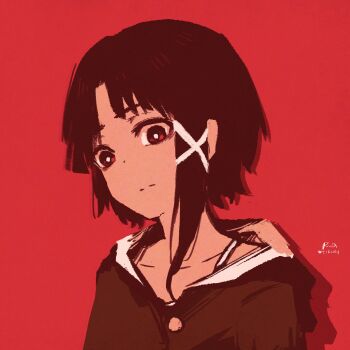 1girl absurdres animal_costume asymmetrical_hair bear_costume brown_eyes brown_hair commentary dated english_commentary hair_ornament highres iwakura_lain looking_at_viewer portrait red_background rnna serial_experiments_lain short_hair signature simple_background single_sidelock solo x_hair_ornament