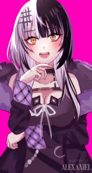 Rule 34 | 1girl, alexaniel, artist name, black choker, black coat, black dress, black hair, breasts, choker, cleavage, coat, commentary, dress, english commentary, grey hair, hololive, hololive english, large breasts, long hair, looking at viewer, multicolored hair, open mouth, ribbon, shiori novella, shiori novella (1st costume), solo, split-color hair, teeth, two-sided coat, two-sided fabric, two-tone hair, virtual youtuber, white ribbon, yellow eyes