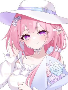 1girl breasts commentary_request cyrene_(honkai:_star_rail) cyrene_(ripples_of_past_reverie)_(honkai:_star_rail) diamond-shaped_pupils diamond_(shape) dress hat highres honkai:_star_rail honkai_(series) kino_(curry_pan) large_breasts long_hair looking_at_viewer multicolored_hair official_alternate_costume pink_hair pointy_ears purple_eyes simple_background smile solo symbol-shaped_pupils two-tone_hair very_long_hair white_background white_dress white_hair white_hat