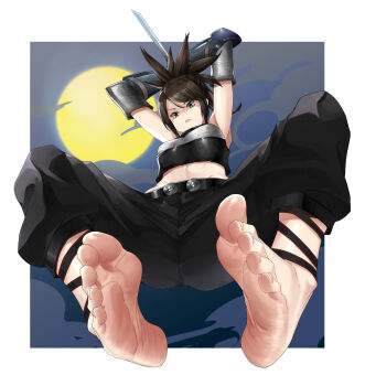 1girl arm_guards armor ayame_(tenchuu) barefoot black_pants black_tank_top brown_hair chainmail cloud cloudy_sky commission eiji_(eiji) elbow_pads foot_focus full_moon highres kodachi leg_wrap moon night night_sky ninja pants pixiv_commission serious short_sword single_elbow_pad sky soles sword tank_top tenchuu toes weapon