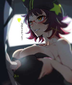 1boy 1girl ankodaihuku arknights black_dress blush breasts cleavage_cutout clothing_cutout commentary_request deepcolor_(arknights) doctor_(arknights) dress glasses gradient_hair hat hetero highres huge_breasts male_doctor_(arknights) multicolored_hair orange_eyes paizuri penis perpendicular_paizuri purple_hair red-framed_eyewear red_hair semi-rimless_eyewear short_hair sweat translation_request twitter_username uncensored under-rim_eyewear