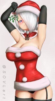 1girl absurdres angel_(kof) blue_eyes breasts christmas clothes_lift coat curvy female_focus fluffy gloves highres huge_breasts large_breasts looking_at_viewer pale_skin panties short_hair skirt skirt_lift socks sovlart standing the_king_of_fighters thick_thighs thighs underwear upskirt white_hair wide_hips