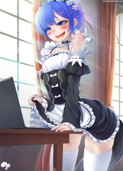 10s 1girl apron black_bow black_bowtie black_skirt blue_eyes blue_hair blush bow bowtie computer cowboy_shot crotch_rub curtains desk detached_collar detached_sleeves drooling female_focus female_masturbation frilled_apron frilled_skirt frilled_sleeves frills hair_ribbon headdress highres juliet_sleeves krokobyaka laptop long_sleeves maid masturbation matching_hair/eyes pink_ribbon puffy_sleeves re:zero_kara_hajimeru_isekai_seikatsu rem_(re:zero) ribbon rubbing short_hair skirt smile solo table table_humping tail thighhighs twitching waist_apron watermark white_apron white_bow white_thighhighs wide_sleeves window