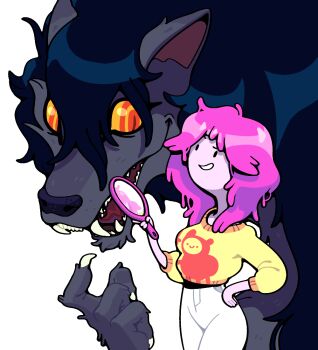 2girls adventure_time black_hair breasts colored_skin discount-supervillain furry furry_female long_hair marceline_abadeer multiple_girls pink_hair pink_skin princess_bonnibel_bubblegum ringed_eyes simple_background smile teeth toon_(style) wolf wolf_girl