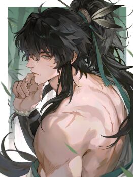 1boy 1o8k bare_back facial_scar hand_on_own_face hand_up highres long_hair looking_at_viewer messy_hair ponytail qiuyuan_(wuthering_waves) scar scar_on_back scar_on_cheek scar_on_face scar_on_shoulder solo wuthering_waves