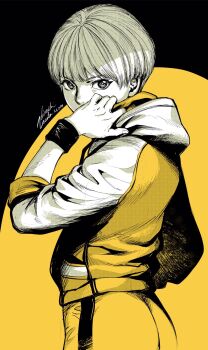 1girl commentary_request dated eyelashes highres hood hood_down hoodie huang_pao-lin limited_palette long_sleeves short_hair signature solo tiger_&amp;_bunny ueda_hiroshi very_short_hair yellow_theme