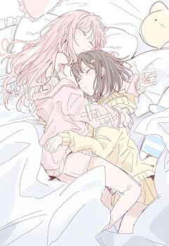 2girls akiyama_mizuki arms_around_neck bed bed_sheet bedroom blush brown_cardigan brown_hair cardigan closed_mouth couple hair_down holding hug indoors kaesmedubu layered_sleeves long_sleeves lying multiple_girls non-web_source official_alternate_hair_length official_alternate_hairstyle on_back on_bed on_side other_with_female pillow pink_hair project_sekai shinonome_ena shirt short_hair short_over_long_sleeves short_sleeves sleeping source_request turtleneck_capelet yuri