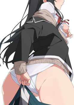 1girl ass black_hair blush breasts brown_cardigan cardigan cardigan_under_jacket censored clothes_pull commentary_request from_behind hair_ribbon head_out_of_frame highres jacket long_hair morisobo mosaic_censoring nipples perky_breasts plaid_clothes plaid_skirt pussy red_ribbon ribbon school_uniform shirt simple_background skirt skirt_pull small_breasts sobu_high_school_uniform solo thighhighs thighs white_background winter_uniform yahari_ore_no_seishun_lovecome_wa_machigatteiru. yukinoshita_yukino