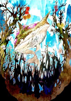 animal animal_focus bismarck_(final_fantasy) copyright_name final_fantasy final_fantasy_xiv flower no_humans orange_flower pink_flower pink_rose red_flower red_rose rose ruka_(blueplus84) twitter_username whale white_flower white_rose yellow_flower