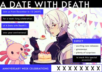 1boy :o a_date_with_death anniversary axolotl black_gloves black_jacket black_shirt bunting cake casper_(a_date_with_death) copyright_name english_text food ghost gloves hair_over_shoulder hat highres holding holding_plate holding_spoon imminent_bite jacket jacket_partially_removed jellyfish_cut male_focus official_art party_hat plate promotional_art red_eyes shirt sleeveless sleeveless_shirt solo spoon strawberry_shortcake upper_body white_hair