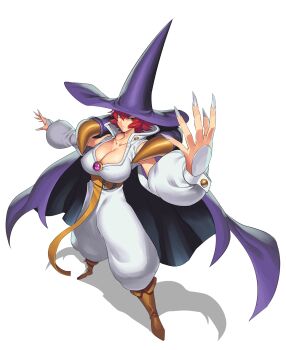 Rule 34 | 1girl, belt, bodysuit, boots, breasts, brown boots, cape, cleavage, collarbone, detached sleeves, fingernails, hair between eyes, hat, highres, large breasts, looking at viewer, obui, purple cape, purple eyes, red hair, shadow, short hair, solo, tabasa, warzard, white bodysuit, witch, witch hat, yellow belt