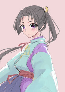 1boy absurdres androgynous black_hair commentary_request from_side highres houjou_tokiyuki_(nige_jouzu_no_wakagimi) japanese_clothes long_hair long_sleeves looking_at_viewer male_focus mentai0127 nige_jouzu_no_wakagimi pink_background ponytail purple_eyes simple_background smile