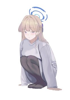 1girl absurdres arm_support black_pantyhose blonde_hair blue_archive blue_eyes blue_halo blunt_bangs blush braid feet hair_down halo highres legs long_hair long_sleeves looking_at_viewer pantyhose simple_background sitting solo sweater tnr_(horiko1525) toki_(blue_archive) white_background