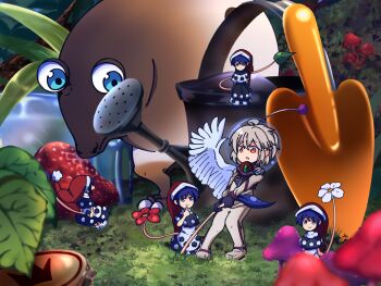 5girls :o ahoge black_capelet black_dress black_gloves blue_eyes blue_hair braid buna_shimeji_(keymush) bush capelet clip_studio_paint_(medium) clone closed_mouth collar collared_capelet commentary_request cosplay doremy_sweet dress feathered_wings finger_to_own_chin flower food fruit gloves grass hat helmet highres kishin_sagume kneeling leaf long_dress looking_at_another multiple_girls mushroom nightcap nintendo nostrils olimar olimar_(cosplay) open_mouth orange_eyes outdoors oversized_object parody pikmin_(series) pom_pom_(clothes) pulling radio_antenna red_flower red_headwear short_hair shovel side_braid single_wing sitting smile space_helmet spacesuit strawberry tail tiny touhou two-tone_dress very_short_hair watering_can whiptongue_bulborb whistle white_collar white_dress white_flower white_hair white_wings wings