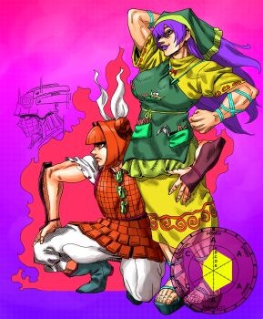 2girls absurdres alternate_hair_color apron araki_hirohiko_(style) arm_on_knee arm_up armor black_shoes double_bun dress eddybird55555 full_body gradient_background green_apron green_headscarf hair_bun hair_ribbon haniwa_(statue) haniyasushin_keiki headscarf highres jojo_no_kimyou_na_bouken joutouguu_mayumi lipstick long_hair makeup multiple_girls orange_hair pants parody pocket purple_background purple_hair purple_lips ribbon sandals shoes short_hair short_sleeves simple_background squatting stand_(jojo) style_parody tools touhou vambraces white_pants white_ribbon yellow_dress