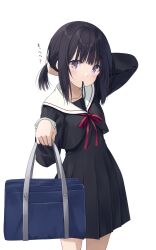 Rule 34 | 1girl, arm behind head, arm up, bag, black dress, black hair, black serafuku, closed mouth, commentary request, cowboy shot, dress, hair tie, hair tie in mouth, hand up, highres, holding, holding bag, light blush, long sleeves, looking at viewer, medium hair, mouth hold, na-ga, neck ribbon, original, pleated dress, purple eyes, red ribbon, ribbon, sailor collar, school bag, school uniform, serafuku, sidelocks, simple background, solo, standing, translated, tying hair, white background, white sailor collar