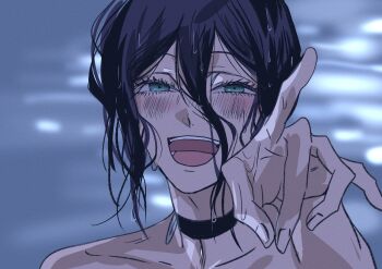 1girl :d black_choker black_hair blue_eyes blush busuttt chainsaw_man choker grenade_pin hair_between_eyes highres looking_at_viewer medium_hair open_mouth reze_(chainsaw_man) smile solo wet wet_hair