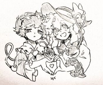 Rule 34 | 2girls, :d, blouse, blush, buttons, chestnut mouth, commentary request, diamond button, frilled shirt collar, frilled sleeves, frills, graphite (medium), hair between eyes, hairband, hand up, hat, hat ribbon, hatching (texture), heads together, heart, heart button, heart hands, heart hands duo, heart of string, jitome, komeiji koishi, komeiji satori, linear hatching, long sleeves, looking at viewer, medium hair, menotama, monochrome, multiple girls, notice lines, open mouth, ribbon, ribbon trim, shirt, short hair, siblings, sisters, smile, tareme, third eye, touhou, traditional media, upper body, wide sleeves