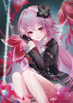 1girl black_flower blue_background buttons chain commentary dress evernight_(honkai:_star_rail) evey_(honkai:_star_rail) flower gem glitch gloves grin hair_flower hair_ornament hairclip highres honkai:_star_rail honkai_(series) layered_dress legs long_hair looking_at_viewer march_7th_(honkai:_star_rail) monkeyyan parallel_hairclips pink_hair red_eyes red_gemstone smile solo very_long_hair watermark