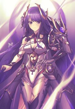 1girl armor artist_name blunt_bangs blurry breasts closed_mouth clothing_cutout commentary depth_of_field electricity english_commentary expressionless fake_horns genshin_impact hair_down hair_ornament headpiece highres horns japanese_armor joints long_hair looking_at_viewer mitsudomoe_(shape) mole mole_under_eye purple_background purple_eyes purple_hair raiden_shogun raiden_shogun_(magatsu_mitake_narukami_no_mikoto) robot_joints shoulder_armor shoulder_cutout signature solo tomoe_(symbol) upper_body xnoxarts