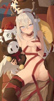 1girl absurdres antlers anus areola_slip azusa_(blue_archive) black_thighhighs blue_archive blush breasts censored character_doll commentary couch covered_erect_nipples doll fake_antlers gluteal_fold gradient_eyes grey_hair groin hair_between_eyes halo highres horns long_hair looking_at_viewer lying mosaic_censoring multicolored_eyes naked_ribbon navel on_back on_couch parted_lips peroro_(blue_archive) purple_eyes pussy red_ribbon reindeer_antlers ribbon skullman_(blue_archive) small_breasts solo t-hou thighhighs thighs yellow_halo