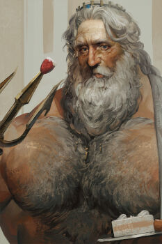 1boy bara beard blue_eyes cake commentary crown eating facial_hair food fruit full_beard grey_hair hashtag-only_commentary holding holding_polearm holding_weapon huge_pectorals king long_beard male_focus mature_male muscular muscular_male old old_man original ououou_(xouxouou) polearm poseidon_(mythology) realistic solo strawberry thick_beard thick_chest_hair thick_eyebrows tongue tongue_out trident upper_body very_hairy weapon wrinkled_skin