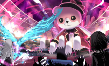 2girls bang_dream! bang_dream!_girls_band_party! bird black_hair black_jacket commentary dynamax giant grey_hair highres jacket light_particles long_hair long_sleeves michelle_(bang_dream!) minato_yukina mitake_ran multicolored_hair multiple_girls nintendo phoenix pokemon red_streaks shirt short_hair stadium streaked_hair white_shirt yukitake_(bullfalk)