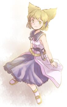 1girl bare_shoulders belt blonde_hair blush bracelet commentary_request dress earmuffs full_body gold_belt gold_bracelet gold_sandals jewelry one-hour_drawing_challenge pink_dress purple_sash purple_skirt rangycrow sandals sash sideways_glance sitting skirt smile socks solo touhou toyosatomimi_no_miko white_socks yellow_background yellow_eyes