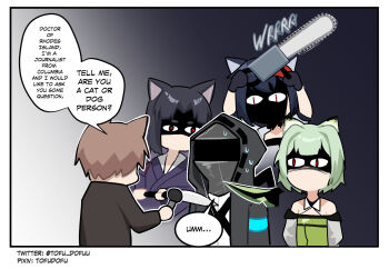 animal_ear_fluff animal_ears arknights bare_shoulders black_hair blaze_(arknights) cat_ears chainsaw doctor_(arknights) dog_ears dress green_dress grey_hair highres interview jacket kal'tsit_(arknights) long_hair long_sleeves microphone multiple_girls off_shoulder saga_(arknights) shaded_face short_hair sskai sweat threat