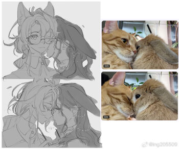 2girls animal_ears blush cat cat_ears closed_eyes closed_mouth forehead-to-forehead glasses heads_together heart holding holding_removed_eyewear ing_(ing205509) isolde_(reverse:1999) kakania_(reverse:1999) kemonomimi_mode kiss kissing_cheek long_hair multiple_girls one_eye_closed rabbit rabbit_ears reference_inset reverse:1999 smile unworn_eyewear watermark weibo_watermark yuri