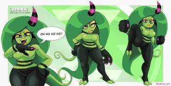 Rule 34 | 1girl, 2025, abstract background, angry, arm up, artist name, black skin, blue eyes, breasts, character name, clenched teeth, closed mouth, colored sclera, colored skin, commentary, curvy, english commentary, english text, eyeshadow, feet, female focus, fighting stance, fingernails, full body, green hair, green skin, grin, hair spread out, half-closed eyes, hand on own hip, highres, horns, laughing, long hair, looking at viewer, makeup, medium breasts, monster girl, navel, no nipples, no nose, ojou-sama pose, oni, outside border, parted lips, pink nails, purple trim, sega, sharp fingernails, simple background, single horn, smile, sonic (series), sonic lost world, speech bubble, standing, steve j art, tail, teeth, thick lips, thighs, very long hair, wide hips, yellow eyeshadow, yellow lips, yellow sclera, zeena