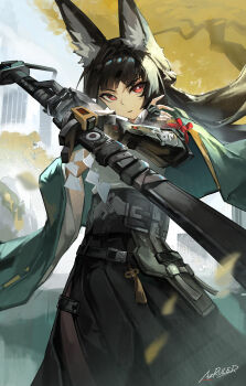 1girl absurdres animal_ear_fluff animal_ears aqua_jacket arm_out_of_sleeve az&#039;ruler black_pantyhose black_skirt braid bright_pupils commentary fox_ears fox_girl gauntlets half_up_braid highres holding holding_sword holding_weapon hoshimi_miyabi jacket long_hair long_skirt looking_at_viewer pantyhose parted_lips red_eyes scabbard sheath sheathed shirt side_slit signature single_gauntlet skirt solo sword weapon white_pupils white_shirt wide_sleeves zenless_zone_zero