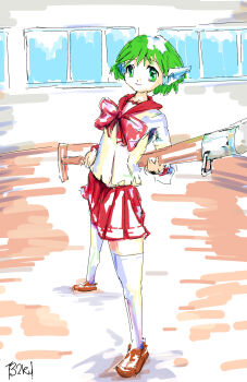 1girl android better2knowyou broom green_hair highres holding holding_broom large_ribbon marker_(medium) multi_(to_heart) red_ribbon red_skirt ribbon robot_ears sailor_collar school_uniform skirt solo solo_focus thighhighs to_heart to_heart_(series) traditional_media