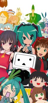 2channel 3d 4boys 6+girls absurdres animasa_model_(mikumikudance) antenna_hair aqua_eyes aqua_hair aqua_necktie artoria_pendragon_(fate) brown_hair cameo character_request chibi copyright_request crossover dual_persona fate_(series) food green_eyes hachune_miku hair_between_eyes hair_ornament hakurei_reimu halftone hatsune_miku headset highres holding holding_food holding_spring_onion holding_vegetable idolmaster japanese_clothes kagamine_rin kantai_collection kemono_friends kio_(majin_kz) kirisame_marisa long_hair looking_at_viewer mcdonald's megurine_luka meme miko mikumikudance_(medium) mona_(2ch) multiple_boys multiple_girls necktie niconico red_eyes rin_no_youchuu ronald_mcdonald serval_(kemono_friends) shimakaze_(kancolle) shiteyan'yo short_hair smile spring_onion takoluka terebi-chan touhou twintails variant_set vegetable vocaloid yukkuri_shiteitte_ne