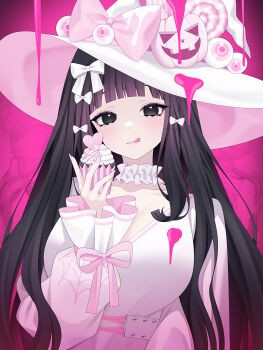 1girl :q absurdres arm_up artist_name black_eyes black_hair blunt_bangs bow breasts candy choker closed_mouth collarbone commentary cupcake dress eyeball eyelashes fingernails food frilled_choker frills hair_bow hat heart heart_in_eye highres holding holding_food huge_breasts jack-o&#039;-lantern long_hair long_sleeves nail_polish original pink_background pink_nails pink_ribbon ribbon sleeves_past_wrists spider_web_print standing symbol_in_eye tongue tongue_out upper_body very_long_hair wanko_(yurika0320) white_bow white_choker white_dress white_hat witch witch_hat