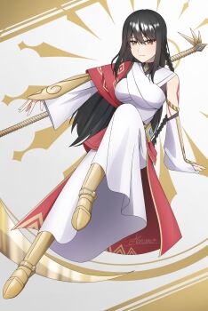 1girl absurdres black_hair body_markings braid breasts character_request copyright_request gold_shoes gold_weapon highres long_hair nanamo_127 robe scythe shoes signature solo white_robe wide_sleeves yellow_eyes