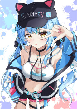 1girl absurdres animal_hat armpits black_jacket blue_hair blush bra breasts cat_hat cleavage commentary_request elf fingernails hat highres hololive jacket large_breasts long_hair low_twintails nail_polish official_alternate_costume official_alternate_hairstyle open_mouth pink_nails pointy_ears rinkaa_(lovelive765pro2) single_bare_shoulder single_off_shoulder smile solo stomach twintails underwear upper_body virtual_youtuber white_background white_bra yellow_eyes yukihana_lamy yukihana_lamy_(cyber)