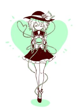 1girl absurdres closed_mouth collared_shirt commentary eyeball flower frilled_shirt_collar frilled_skirt frilled_sleeves frills full_body green_theme hat hat_flower hat_ribbon heart heart_of_string highres komeiji_koishi long_sleeves monochrome one_eye_closed oninamako ribbon rose shirt shoes skirt smile socks solo thighhighs third_eye touhou wide_sleeves