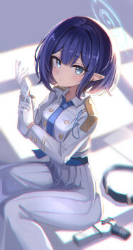 Rule 34 | 1girl, :/, absurdres, adjusting clothes, adjusting gloves, aoi (blue archive), belt, blue archive, blue eyes, blue hair, blue halo, blue necktie, blurry, blurry background, bob cut, closed mouth, commentary request, cowboy shot, cropped jacket, depth of field, dot nose, dress, earclip, expressionless, from side, gloves, gun, halo, handgun, hands up, highres, holstered, invisible chair, jacket, light blush, light particles, long skirt, looking at viewer, necktie, overexposure, pencil dress, pleated skirt, pointy ears, short hair, shoulder boards, sidelighting, simple background, sitting, skirt, solo, split mouth, unworn belt, weapon, white dress, white gloves, white jacket, window shadow, zino zinuo