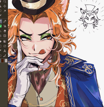 1boy 7skk :q ^_^ animal_ear_fluff animal_ears art_program_in_frame ascot black_hat blue_jacket closed_eyes curtained_hair doodle_inset eyelashes eyeshadow fellow_honest fox_boy fox_ears furrowed_brow gloves gold_trim green_eyeshadow hand_on_own_face hand_up hat highres jacket looking_to_the_side makeup male_focus mismatched_eyebrows multicolored_hair multiple_views narrowed_eyes open_clothes open_jacket orange_eyes orange_hair shirt simple_background slit_pupils smirk straight-on streaked_hair tongue tongue_out top_hat torn_clothes torn_gloves twisted_wonderland upper_body v-shaped_eyebrows vest waistcoat wavy_hair white_background white_gloves white_shirt white_streaks widow&#039;s_peak wolf_cut