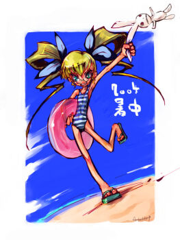 2004 archived_source arm_up armpits beach blue_bow blue_eyes blue_one-piece_swimsuit blue_sky bow clenched_teeth collarbone commentary_request dated drill_hair flat_chest flip-flops full_body genocide_kitten glasses green_sandals grin gunbird hair_between_eyes hair_bow hair_rings holding holding_ear holding_swim_ring innertube long_arms long_hair long_legs long_torso looking_at_viewer marion one-piece_swimsuit pince-nez pomupomu psikyo rabbit red_eyes rimless_eyewear round_eyewear sand sandals saturated sidelocks signature skinny sky smile standing standing_on_one_leg striped_clothes striped_one-piece_swimsuit swim_ring swimsuit teeth twin_drills very_long_hair white_one-piece_swimsuit white_rabbit_(animal)