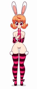 1girl animated aroused bottomless breasts brown_hair completely_nude diives female_focus highres hunter hunter_x_hunter naked_footwear nipples nude patreon phone piyon pout pussy rabbit_ears short_hair shounen_jump solo topless watermark wide_hips