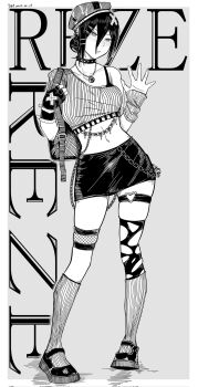 1girl beret breasts chainsaw_man character_name collar crop_top cropped_sweater fishnet_thigh_strap full_body greyscale hair_between_eyes hair_bun hat highres kneehighs lml1880828 medium_breasts miniskirt monochrome reze_(chainsaw_man) single_thighhigh skirt socks solo spiked_collar spikes standing sweater thighhighs torn_clothes torn_thighhighs