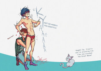 Rule 34 | 2boys, anger vein, ball busting, blood, cat, heart, kneeling, multiple boys, nicoaken, nosebleed, squeezing testicles, testicles, yaoi