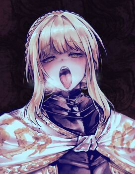 Rule 34 | 1girl, absurdres, armor, aura, blonde hair, blush, braid, commentary, commentary request, crown braid, dark aura, drooling, elden ring, elden ring: shadow of the erdtree, english commentary, green eyes, highres, long hair, looking at viewer, lovestruck, mixed-language commentary, needle knight leda, raised eyebrows, saliva, sexually suggestive, shaded face, solo, tongue, tongue out, upper body, xoo (pixiv 100957810)
